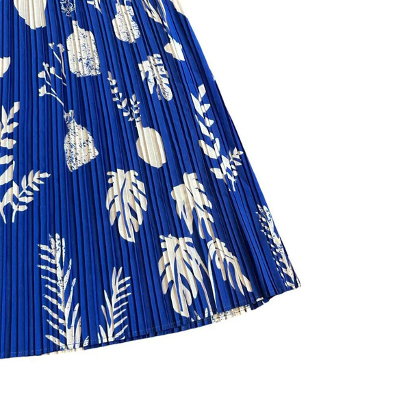 Leo & Ugo Royal Blue Bold Print Midi Dress Sleeveless Stretch Pleated Size Small - Picture 8 of 11